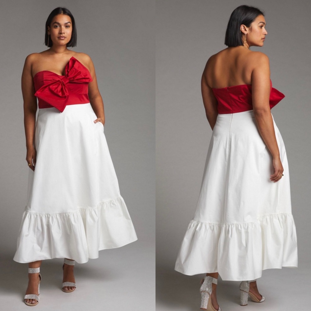 New Anthropologie Hutch Colorblocked Bow-Tie Maxi Dress Red White Strapless